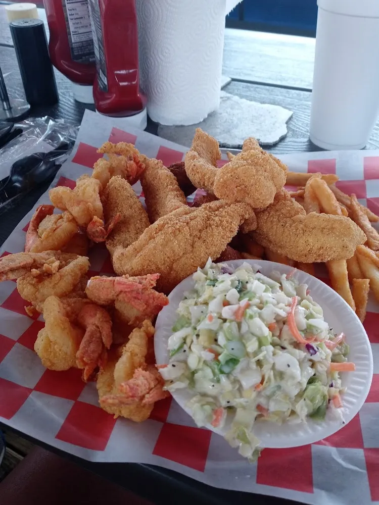 Fried Catfish Basket with Shrimp Cole Slaw and Chips Fries